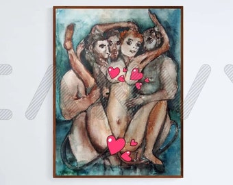 Magical Erotic Art: Wiccan Witch Pleasures, Redhead Nude Girl, Fantasy Satyrs - Sensual Home Decor