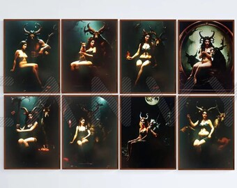 Witch, Horned God, Sacred Animals Celtic God with Deer Horns, Ritual Erotic Vintage style Art Digital Download set 8 prints