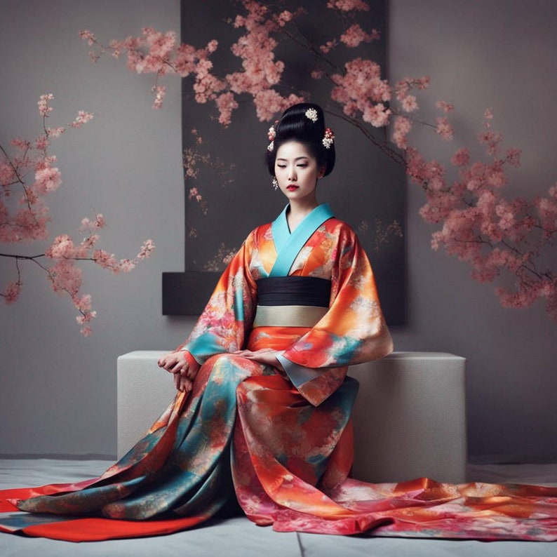 Beautiful Geisha in a flowers kimono Art Digital Download set 4 prints image 4