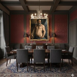 May include: A large rectangular oil painting in a gold ornate frame depicting a bearded man holding a trident, centered above a dark wood dining table with six gray upholstered chairs, a crystal chandelier, and red patterned wallpaper.