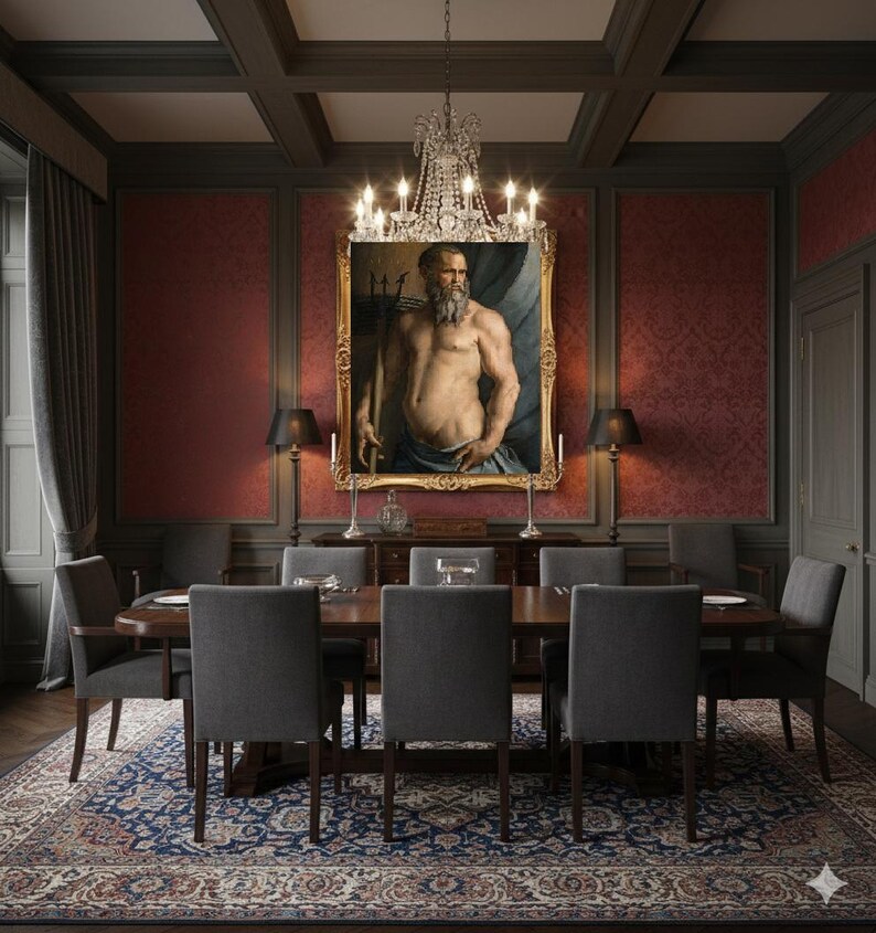 May include: A large rectangular oil painting in a gold ornate frame depicting a bearded man holding a trident, centered above a dark wood dining table with six gray upholstered chairs, a crystal chandelier, and red patterned wallpaper.