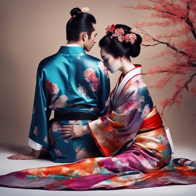 Beautiful Geisha in a flowers kimono Art Digital Download set 4 prints image 2