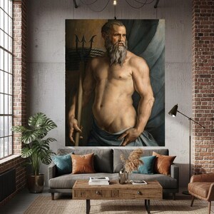 May include: A large rectangular wall art print featuring a classical oil painting of a bearded, muscular figure holding a trident. The figure is draped in blue fabric against a dark background, displayed in a modern living room with a gray sofa.