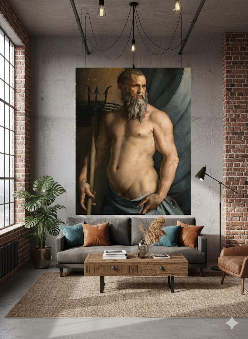 May include: A large rectangular wall art print featuring a classical oil painting of a bearded, muscular figure holding a trident. The figure is draped in blue fabric against a dark background, displayed in a modern living room with a gray sofa.