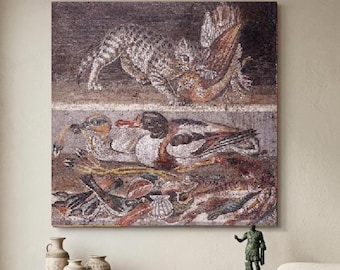 Pompeii Cat Mosaic Canvas Print, House of the Faun Wall Art, Ancient Roman Replica, Antique Feline Artwork, Classical History Gift