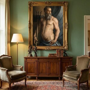 May include: A large rectangular oil painting in an ornate gold frame depicting a bearded man holding a trident, displayed above a wooden sideboard. The painting features a figure with a grey beard, draped in blue fabric, set against a dark background.