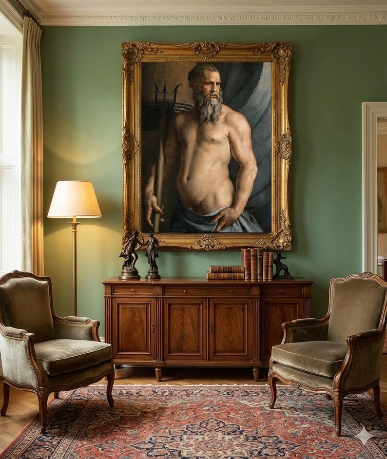 May include: A large rectangular oil painting in an ornate gold frame depicting a bearded man holding a trident, displayed above a wooden sideboard. The painting features a figure with a grey beard, draped in blue fabric, set against a dark background.