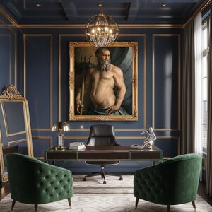May include: A home office featuring two green tufted velvet armchairs, a dark wood desk with a black leather chair, a gold table lamp, a silver sculpture, and a large framed painting of a bearded man holding a trident on a blue wall.