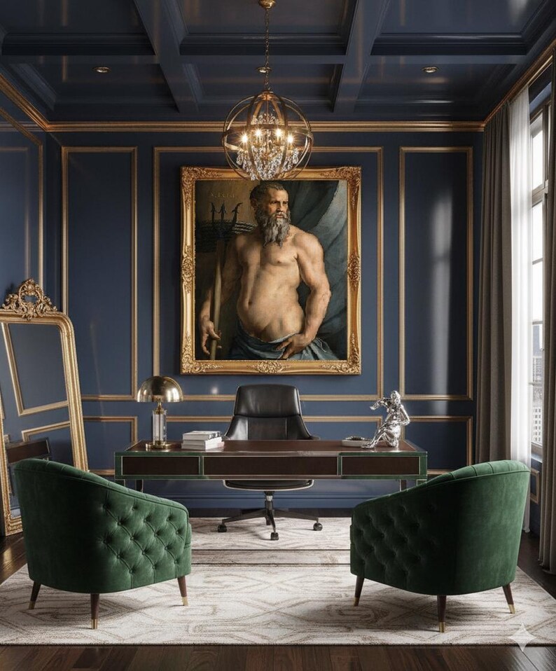 May include: A home office featuring two green tufted velvet armchairs, a dark wood desk with a black leather chair, a gold table lamp, a silver sculpture, and a large framed painting of a bearded man holding a trident on a blue wall.