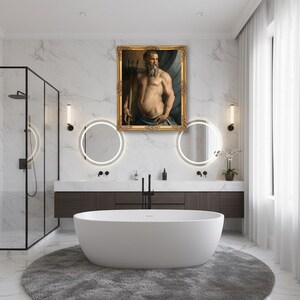May include: A rectangular oil painting in an ornate gold frame depicting a bearded, muscular figure holding a trident, positioned against a dark, draped background. The artwork features a classical style with dramatic lighting and muted tones.