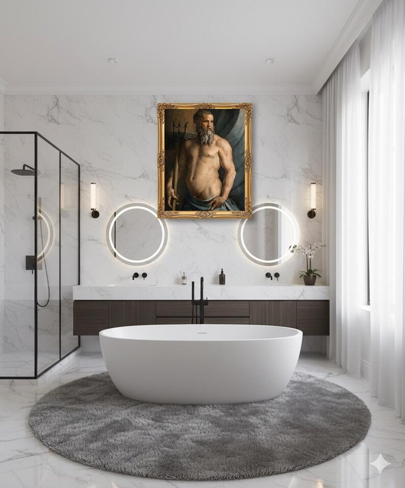 May include: A rectangular oil painting in an ornate gold frame depicting a bearded, muscular figure holding a trident, positioned against a dark, draped background. The artwork features a classical style with dramatic lighting and muted tones.