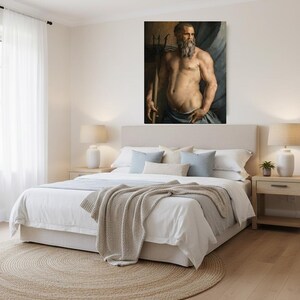May include: A rectangular wall art print featuring a muscular, bearded figure with a trident, rendered in muted earth tones and deep blues. The artwork is displayed above a neutral-colored bed with white linens and a textured beige throw blanket.
