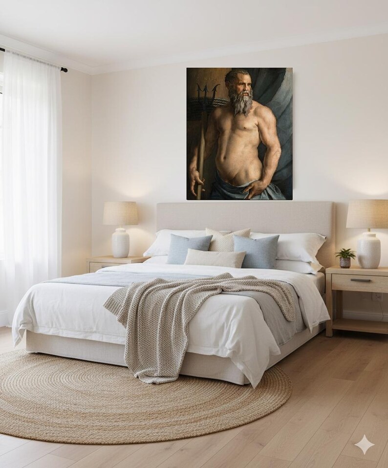 May include: A rectangular wall art print featuring a muscular, bearded figure with a trident, rendered in muted earth tones and deep blues. The artwork is displayed above a neutral-colored bed with white linens and a textured beige throw blanket.