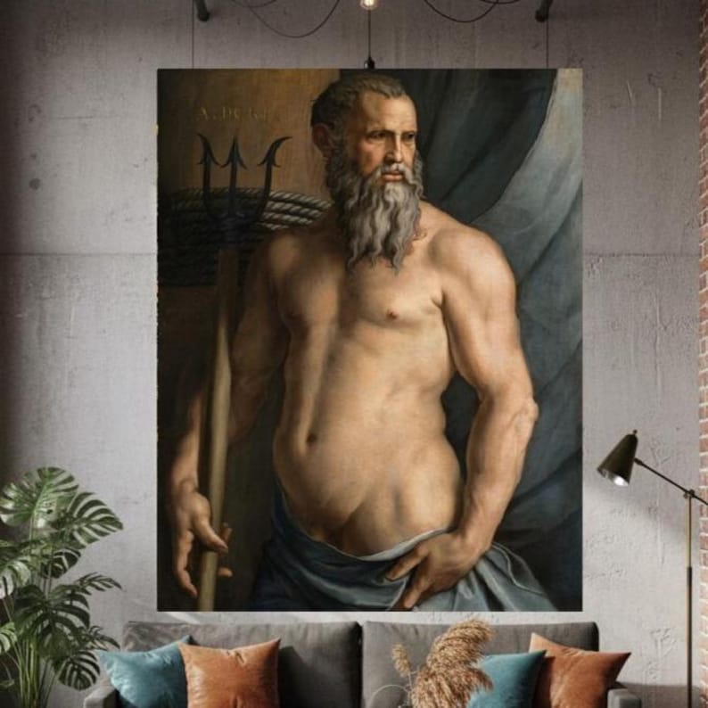 May include: A wall art print depicting a muscular, bearded man with a trident, draped in blue fabric. The figure has a long grey beard and is positioned against a dark background. The text A. D. R. I. A. N. is visible in the upper left corner.