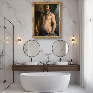 May include: A rectangular oil painting in an ornate gold frame depicting a bearded man holding a trident, positioned above a white freestanding bathtub in a bathroom with marble walls, two circular mirrors, and a dark wood vanity cabinet.