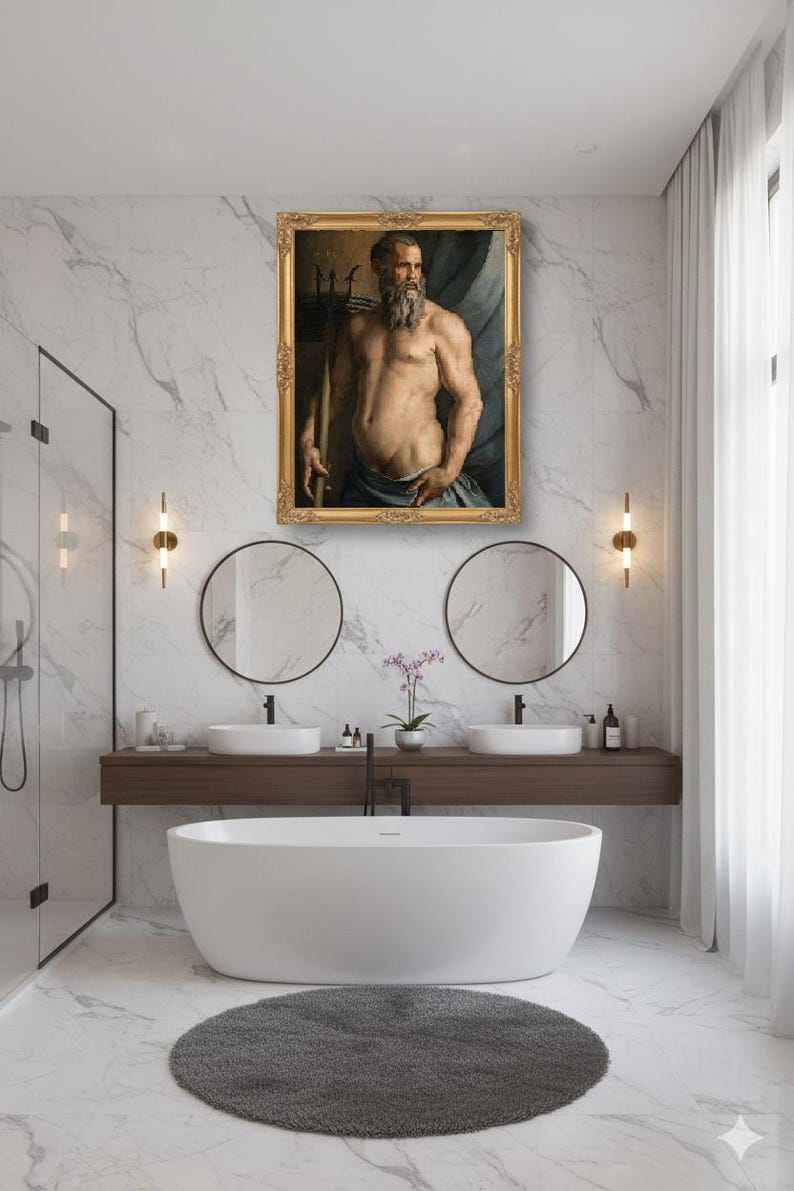 May include: A rectangular oil painting in an ornate gold frame depicting a bearded man holding a trident, positioned above a white freestanding bathtub in a bathroom with marble walls, two circular mirrors, and a dark wood vanity cabinet.