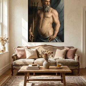 May include: A framed oil painting depicting a muscular, bearded figure with a trident, draped in blue fabric. The artwork features the text A.D. 1545 in the upper left corner. The painting is displayed on a wall above a beige velvet sofa.