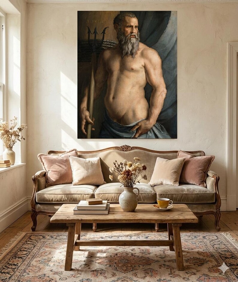 May include: A framed oil painting depicting a muscular, bearded figure with a trident, draped in blue fabric. The artwork features the text A.D. 1545 in the upper left corner. The painting is displayed on a wall above a beige velvet sofa.