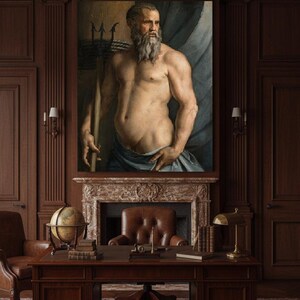 May include: A large rectangular wall art print featuring a classical oil painting of a muscular, bearded figure with a trident, draped in blue fabric. The artwork is displayed above a fireplace in a dark wood-paneled study with a leather desk.