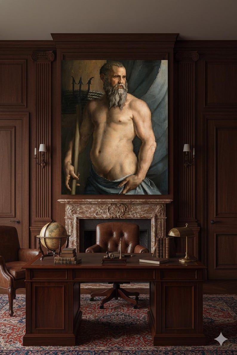 May include: A large rectangular wall art print featuring a classical oil painting of a muscular, bearded figure with a trident, draped in blue fabric. The artwork is displayed above a fireplace in a dark wood-paneled study with a leather desk.