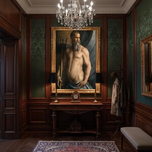 May include: A large framed oil painting of a bearded figure holding a trident, displayed above a wooden console table with a clock and two lamps. The room features dark wood paneling, green patterned wallpaper, and a red and blue patterned rug.