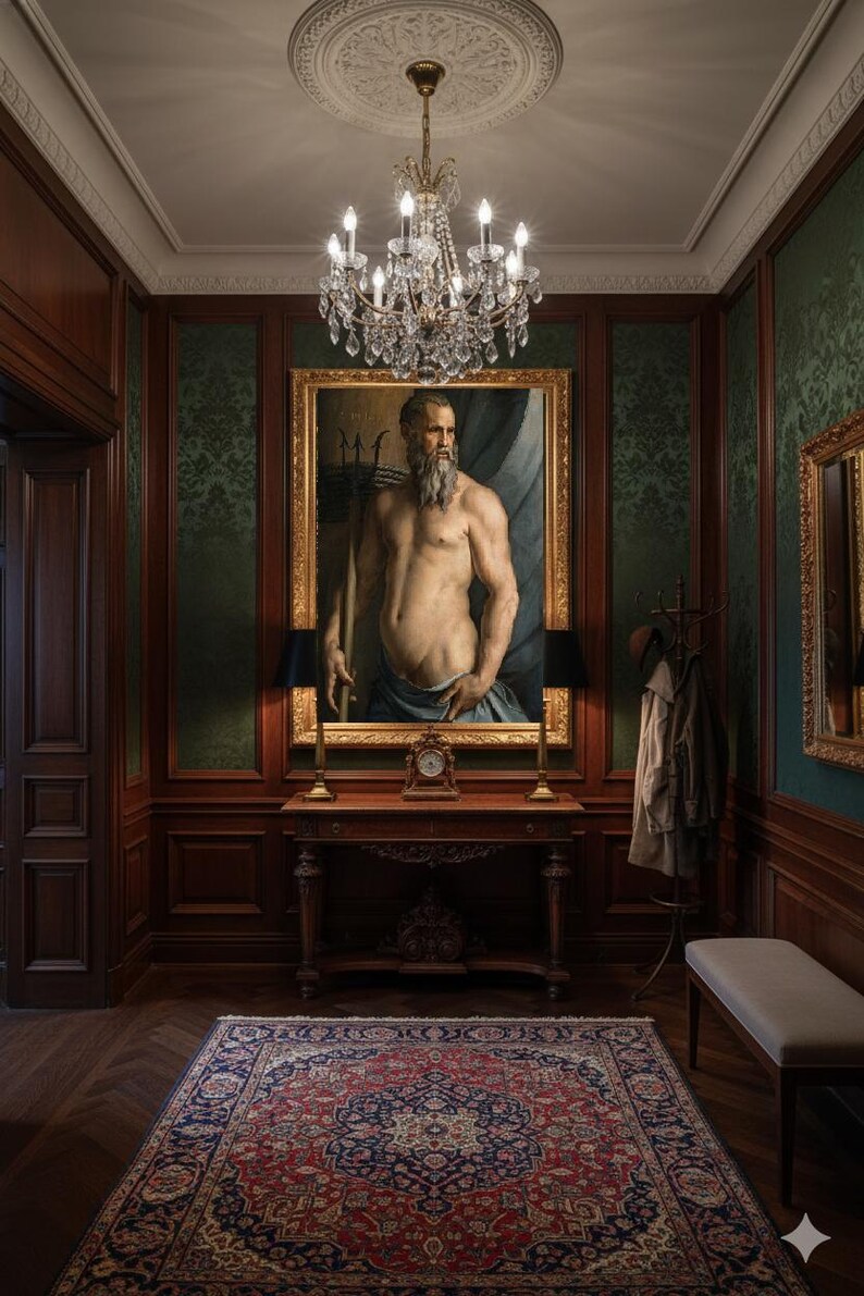 May include: A large framed oil painting of a bearded figure holding a trident, displayed above a wooden console table with a clock and two lamps. The room features dark wood paneling, green patterned wallpaper, and a red and blue patterned rug.