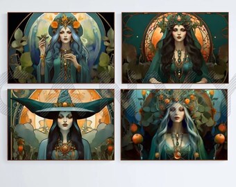 Art Nouveau Witch Print Set – Sage Goddess Visionary Art – Instant Download – Mystic Decor Collection