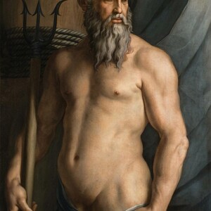 May include: An oil painting depicting a bearded figure with a muscular build, holding a black trident. The text A. DORIA is visible in the upper left corner. The figure is draped in a blue cloth around the waist, set against a dark background.