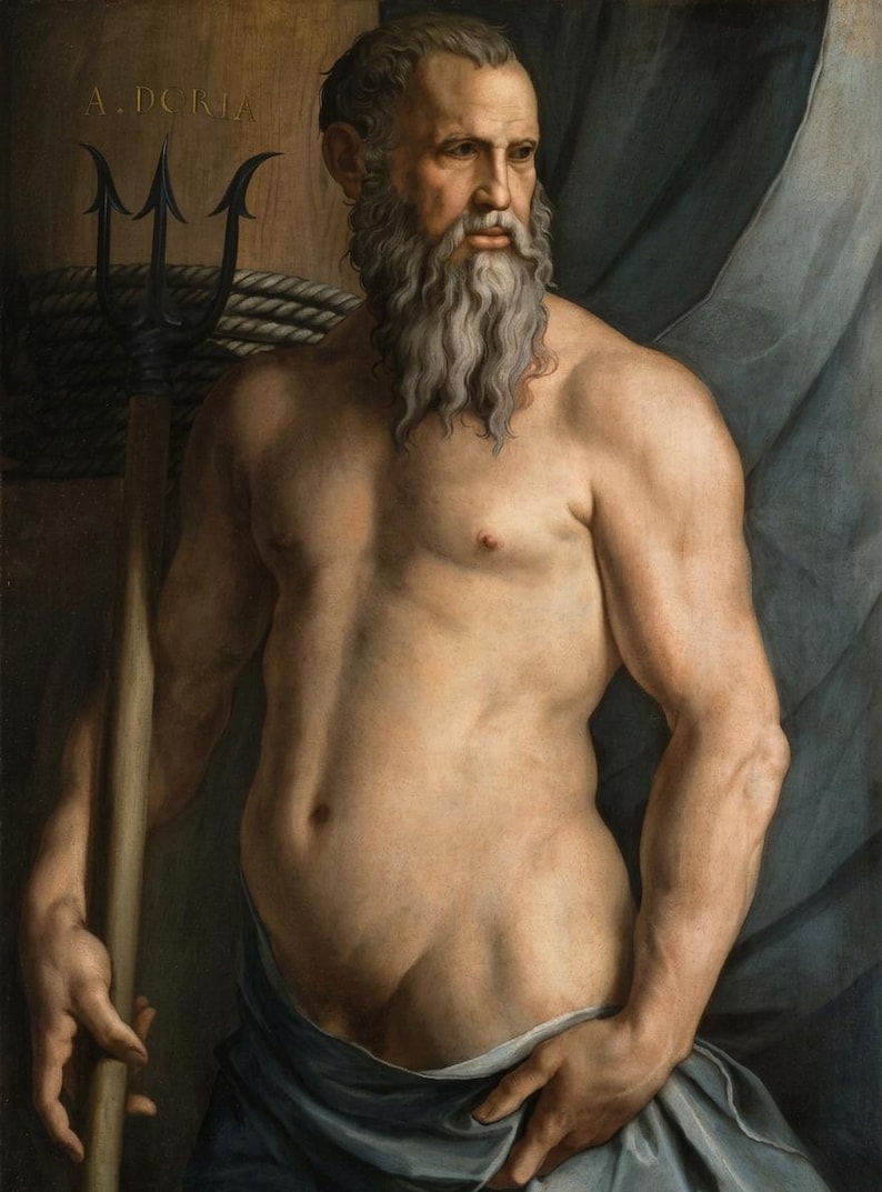 May include: An oil painting depicting a bearded figure with a muscular build, holding a black trident. The text A. DORIA is visible in the upper left corner. The figure is draped in a blue cloth around the waist, set against a dark background.