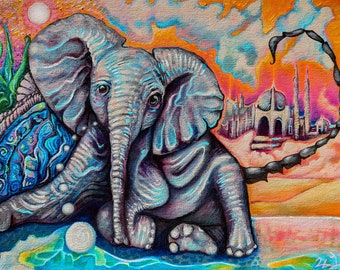 Ambrosia - Bohemian Art Print, Elephant Painting, Fantasy Art, Hippie Decor, Spiritual, Cute Animal, Baby Animal