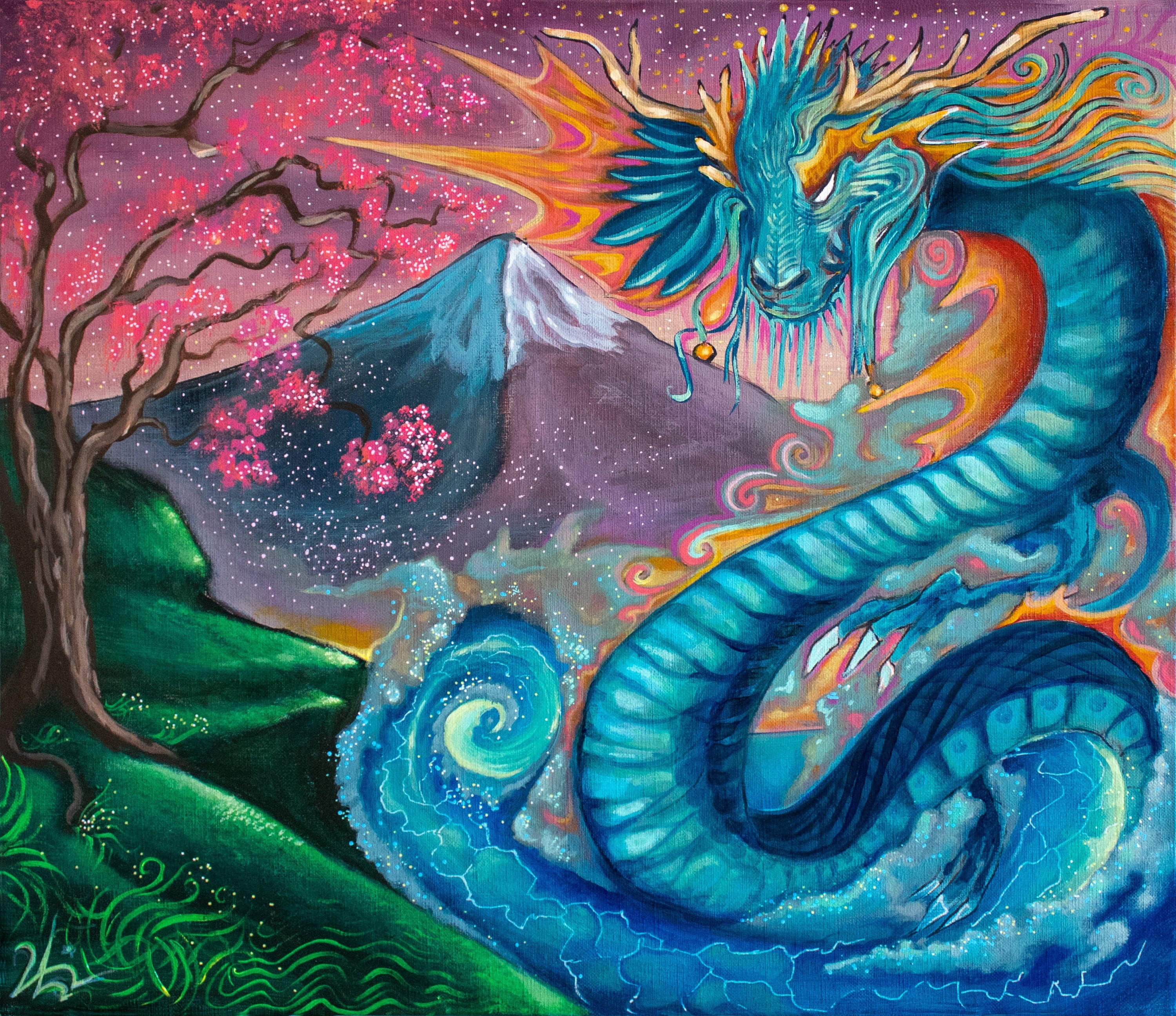 Quetzalcoatl the Feathered Serpent, Mount Fuji Wall Decor, Digital