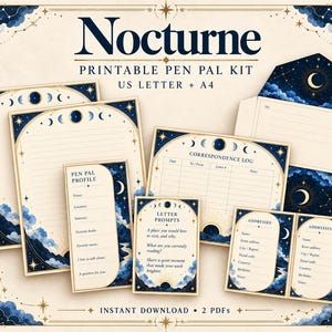 May include: A Nocturne printable pen pal kit featuring stationery with celestial motifs, including moon phases, stars, and clouds. The set includes lined writing paper, a correspondence log, letter prompts, address cards, and an envelope template.