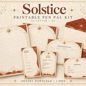 May include: A printable pen pal kit titled Solstice featuring stationery, an envelope, a correspondence log, a pen pal profile, letter prompts, and an address card. The set includes cream-colored paper with rust-colored celestial graphics.