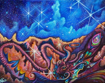 Cosmic Dragon Fantasy Print - Bohemian Art Print, Dragon Wall Art, Space Wall Art, Neon Wall Art