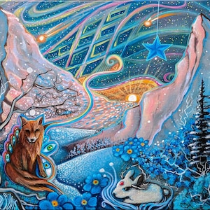 Magical Winter Christmas Painting - Winter Landscape Art Print, Northern Lights and Pine Trees, Giclee Print