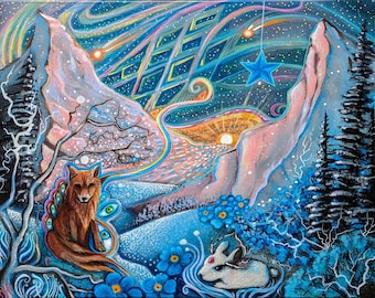 Magical Winter Christmas Painting - Winter Landscape Art Print, Northern Lights and Pine Trees, Giclee Print