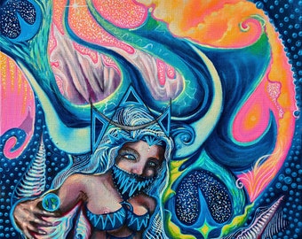 Rainbow Mermaid Seascape Painting - Ocean Landscape, Bohemian Print,  Mermaid Wall Art, Axolotl Wall Art, Neon Wall Art, Psychedelic Decor