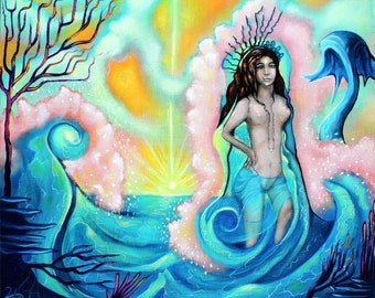 Goddess of the Sea, Digital Print, Living Room Wall Decor, Psychedelic Poster, Mermaid Wall Art, Ocean Landscape, Seascape Painting