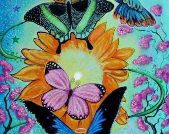 Queen of Butterflies, Digital Print, Butterflies on a Sunflower, Living Room Wall Decor, Psychedelics Poster, Floral Cherry Blossom Design