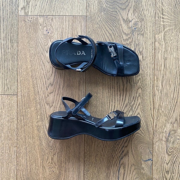 PRADA black platform sandals / wedges with metal buckles and logos, size 35.5