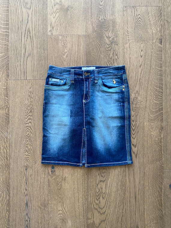 Y2K BABY PHAT denim skirt with contrast stitching,