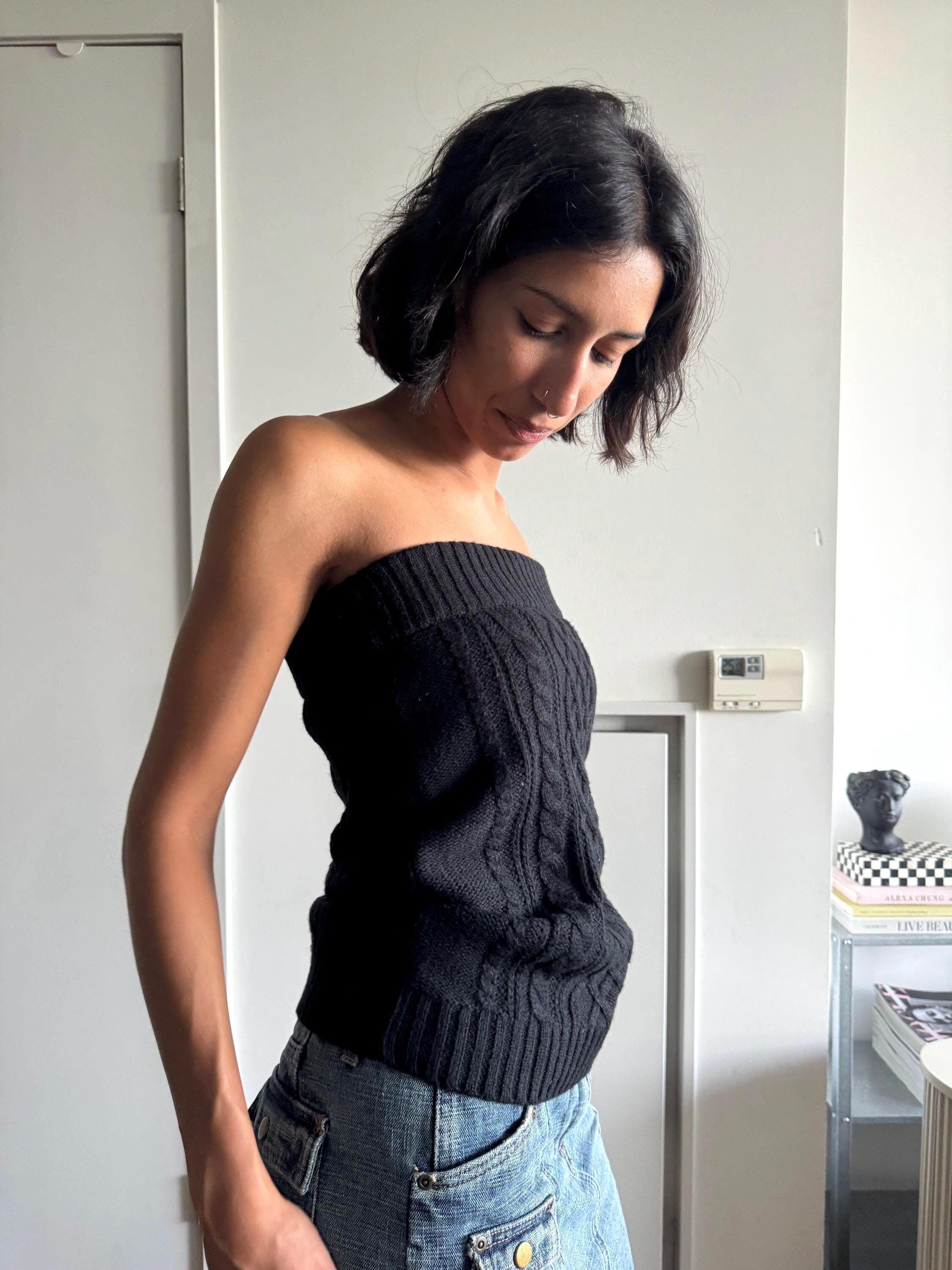 KNIT TOP/ SKIRT Black Cable Knit Style Versatile Tube Top or