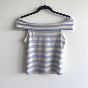 OFF SHOULDER TOP pale yellow and lilac purple striped top, size small