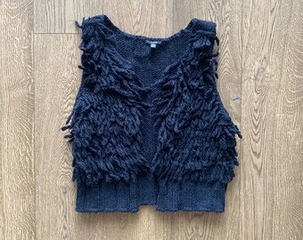 KNIT SWEATER VEST black faux fur style y2k sleeveless vest with knit waistband, size medium/large