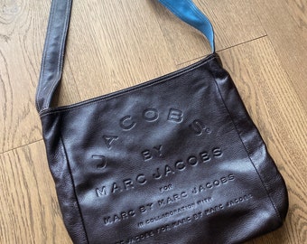 MARC JACOBS BAG Sac messager/épaule en cuir marron et bleu, bicolore, avec logo