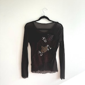 MESH SEQUIN TOP brown sheer lace long sleeve set with tank top with lettuce hem, made in Italy, size small/ medium