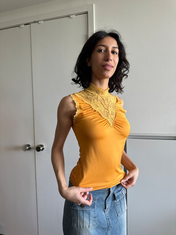 ORANGE LACE TOP mockneck tank top blouse with lace