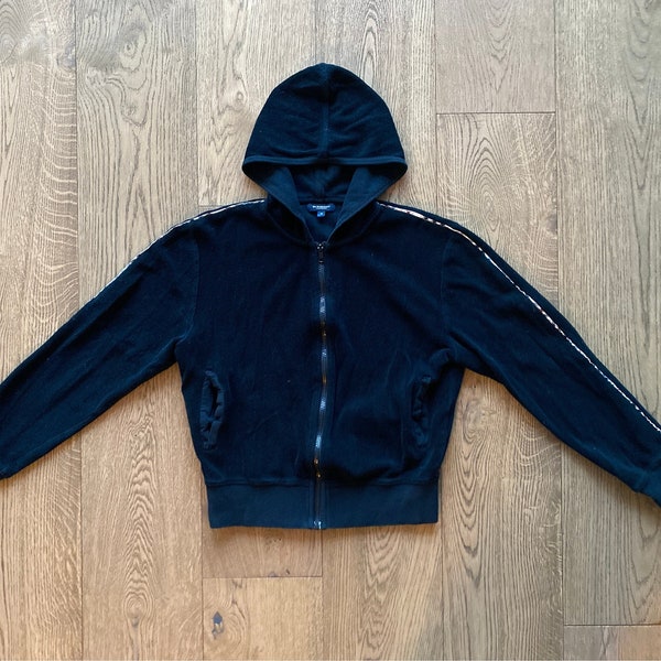 BURBERRY VELOUR HOODIE y2k style black velour zip up sweater with hood and pockets, size medium