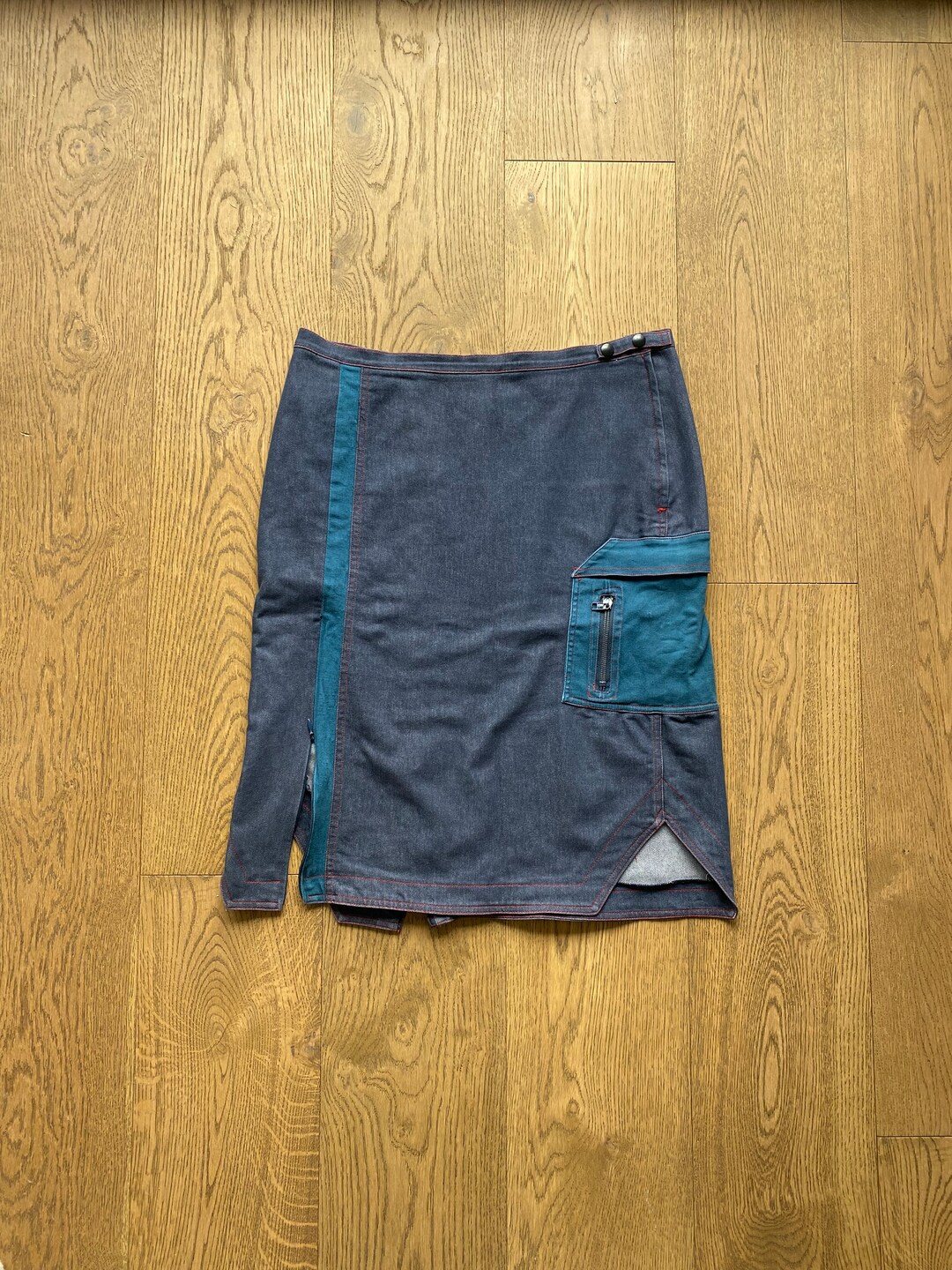 DENIM CARGO SKIRT Blue Jean Skirt With Red Contrast Stitching Etsy