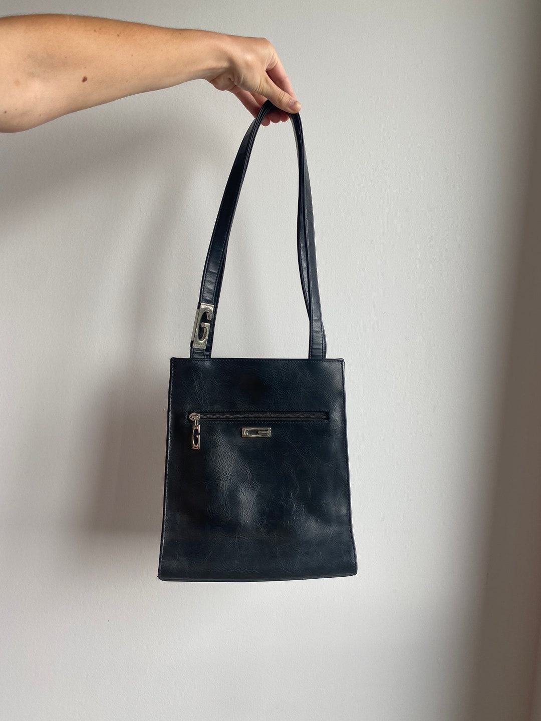 VINTAGE GUESS BAG Black Faux Leather Shoulder Bag With Chrome Etsy